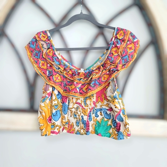 *NWT* Rachel Zoe, Multicolor Ruffled Off Shoulder Button Up Crop Top, Sz L - Picture 5 of 5